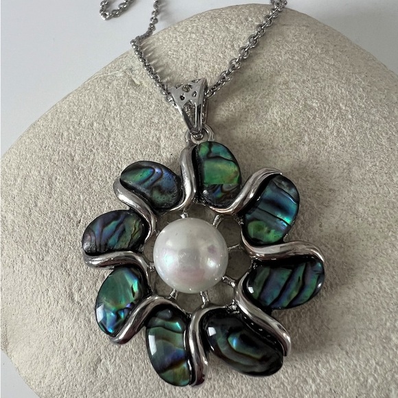 Stunning Vintage Abalone Pearl Silver Tone Flower Necklace Israel - Picture 2 of 6